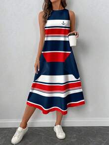 SHEIN LUNE Women's Casual Colorblock Printed Mid-Length Dress, Suitable For Spring/Summer Chic Dress