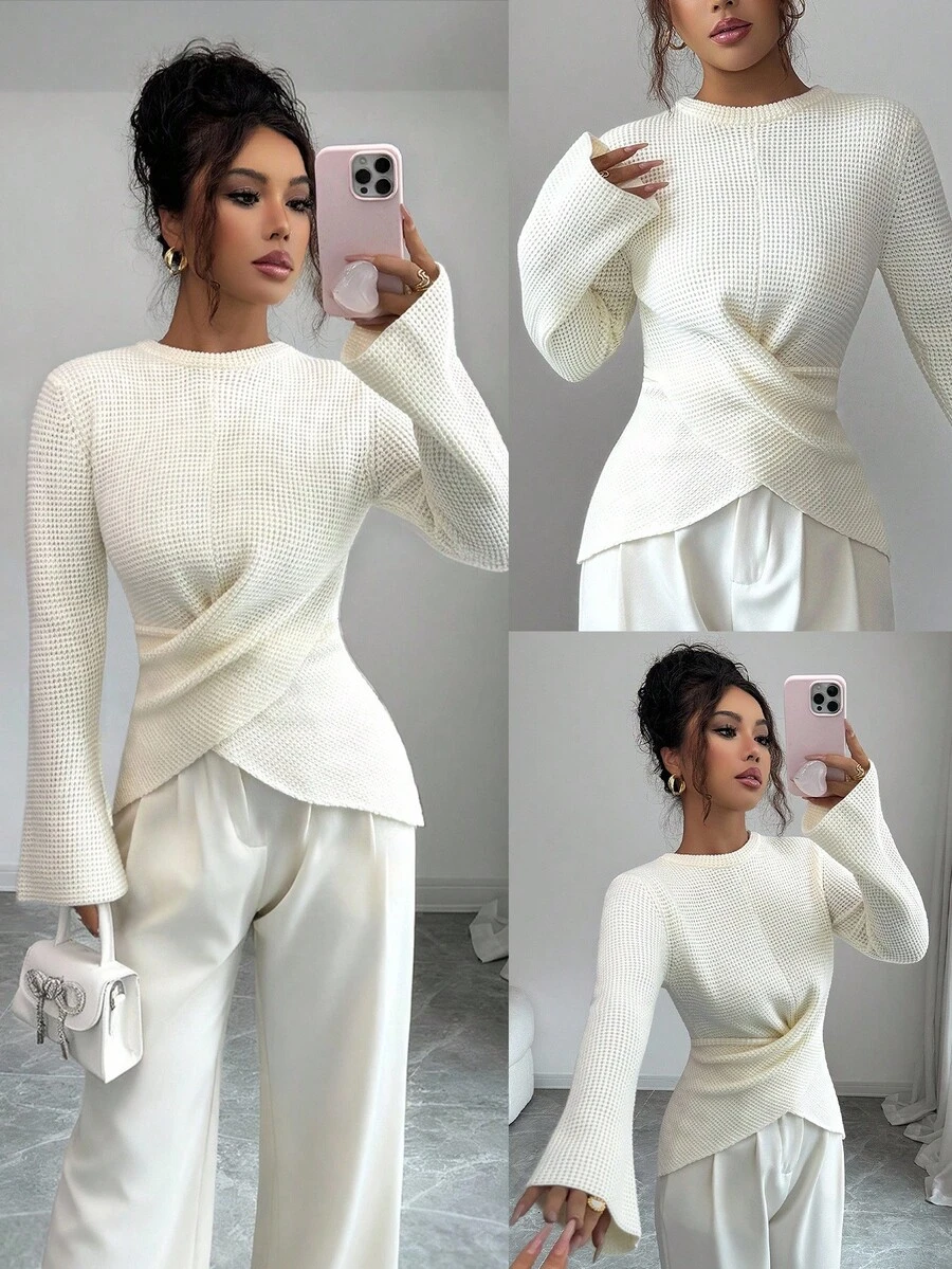 Elenzga كنزة صوفية نسائية أنيقة ذات لون أحادي مع أكمام واسعة متقاطعة - أبيض - مشاهدة 1