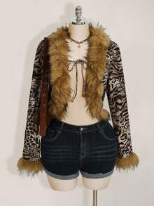 SHEIN ICON Plus Size Leopard Print Fur Collar Decor Vintage Cardigan Jacket, Y2K Retro Leopard Print Jacket Autumn Winter Clothes For Women - Multicolor - View 4