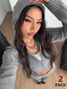 Coolane 女士冬季街头休闲复古 Y2K 舒适拉链法式灰色修身毛衣连帽衫和毛衣喇叭裤休闲套装两件套服装 - 灰色 - 查看 2