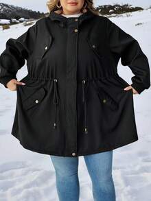 SHEIN CURVE+ 秋冬大码女式抽绳腰休闲宽松连帽大衣，长袖冬季大衣，适合新年、感恩节 - 黑色 - 查看 7