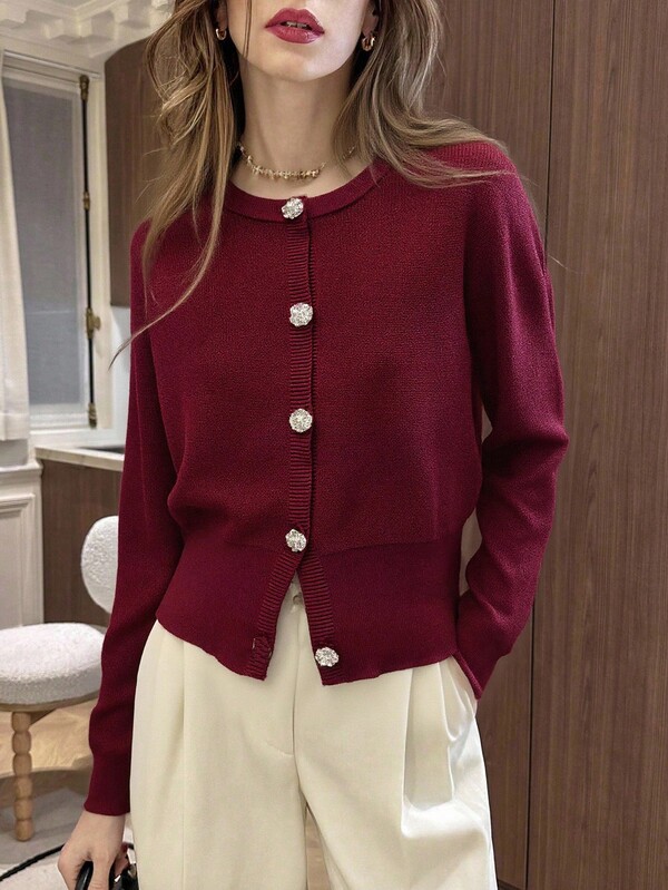 Pariaura Cardigan de malha de cor sólida com botões de metal, suéter estilo francês, primavera/outono