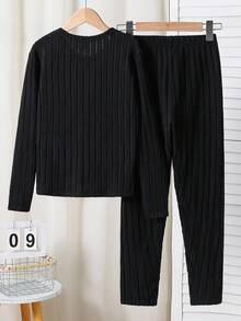 SHEIN 2pcs Kids/Tween Boys Casual Solid Color Crew Neck Long Sleeve Pullover Top And Pants Knit Set Snug Fit Excellent Elasticity