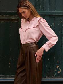 lacRébo Pastel Pink Blouse With Contrast Seam Ruffle Detail And Long Sleeves Spring Women Clothes Spring Outfits Spring Women Clothes Spring Summer Office Top Business Casual Top - Baby Pink - View 5