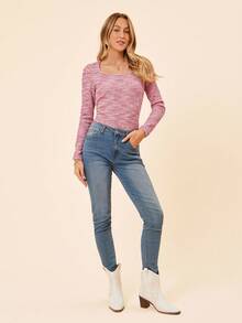 Coeurva Women's Spring/Summer Tie-Dye Printed Slim Fit Long Sleeve T-Shirt With Square Neckline Valentine Day