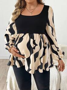 SHEIN Maternity Plus Size Geometric Print Square Neck Lantern Sleeve Casual Top