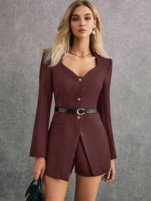 Poéselle 2件套女士鸡心领前扣长袖夹克和短裤套装 - 咖啡棕 - 查看 1