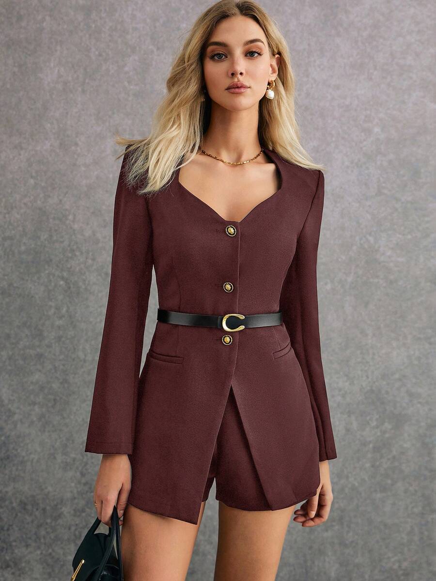 Poéselle 2件套女士鸡心领前扣长袖夹克和短裤套装 - 咖啡棕 - 查看 1