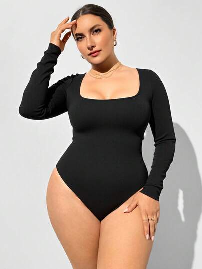 SHEIN Essnce Plus Size Women's Autumn And Winter Fashion Casual High Elastic Comfortable Daily Basic Versatile Daily Basic Square Neck Long Sleeve Black Bodysuit,Fall Outfits,Simple Style,Going Out Tops