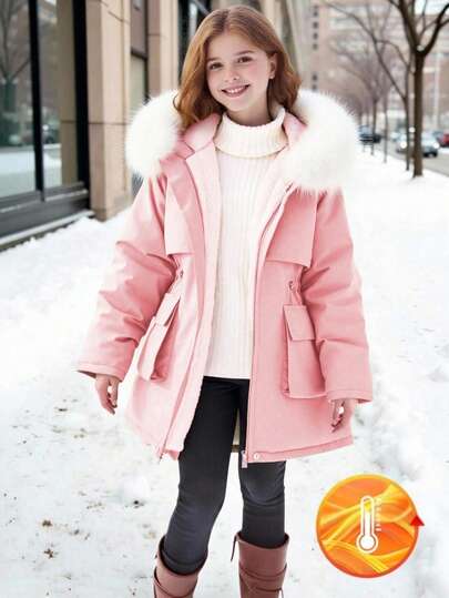 一件少女中长款棉质防风派克大衣，收腰设计，翻盖口袋，超大毛领，带帽保暖内衬