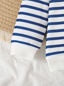 SHEIN 2pcs Boys Casual Blue & White Striped Polo Collar Outfit, Horse Embroidery Top + Elastic Cuff Pants, Autumn/Winter