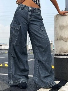 DAZY 女士低腰工装牛仔裤，带大口袋，Y2K风格 - 中等水洗藍 - 查看 2