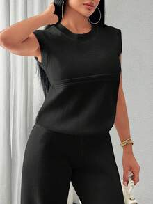 EURMUSE Two Pieces Sleeveless Knit Set Featuring Minimalist Crew Neck Top And High-Waisted Ribbed Pants In Soft Ivory - Black - View 4