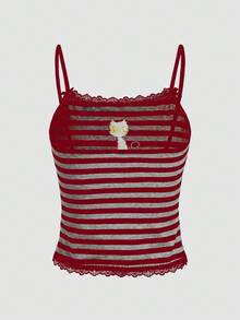 ROMWE Hippie Witch & Black Cat Embroidery Lace Patchwork Camisole - Burgundy - View 4