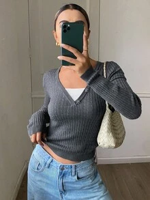 DAZY 女式拼接撞色二合一修身弹力麻花针织长袖休闲街头套头衫，秋冬 - 灰色 - 查看 1