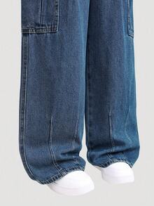 SHEIN Vacaura 复古水洗宽松多口袋直筒牛仔裤，适合青少年男孩，休闲街头风，男女皆宜