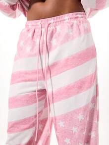 SUMWON WOMEN 美国国旗印花宽腿休闲裤爱国星条纹图案舒适抽绳阔腿裤节日派对服装 - 粉色 - 查看 4