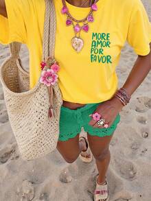 SHEIN Unity 夏季大码休闲标语印花短袖圆领T恤 - 黃色 - 查看 2