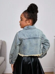 Young Girl' Y2k Retro Blue Denim Ripped Short Jacket,Fall Clothes,Winter Clothing ,Casual And Fashionable Vacation Outfits,Street Wear,2000s Style ,Christmas Denim Jacket,Vintage Clothes Kid