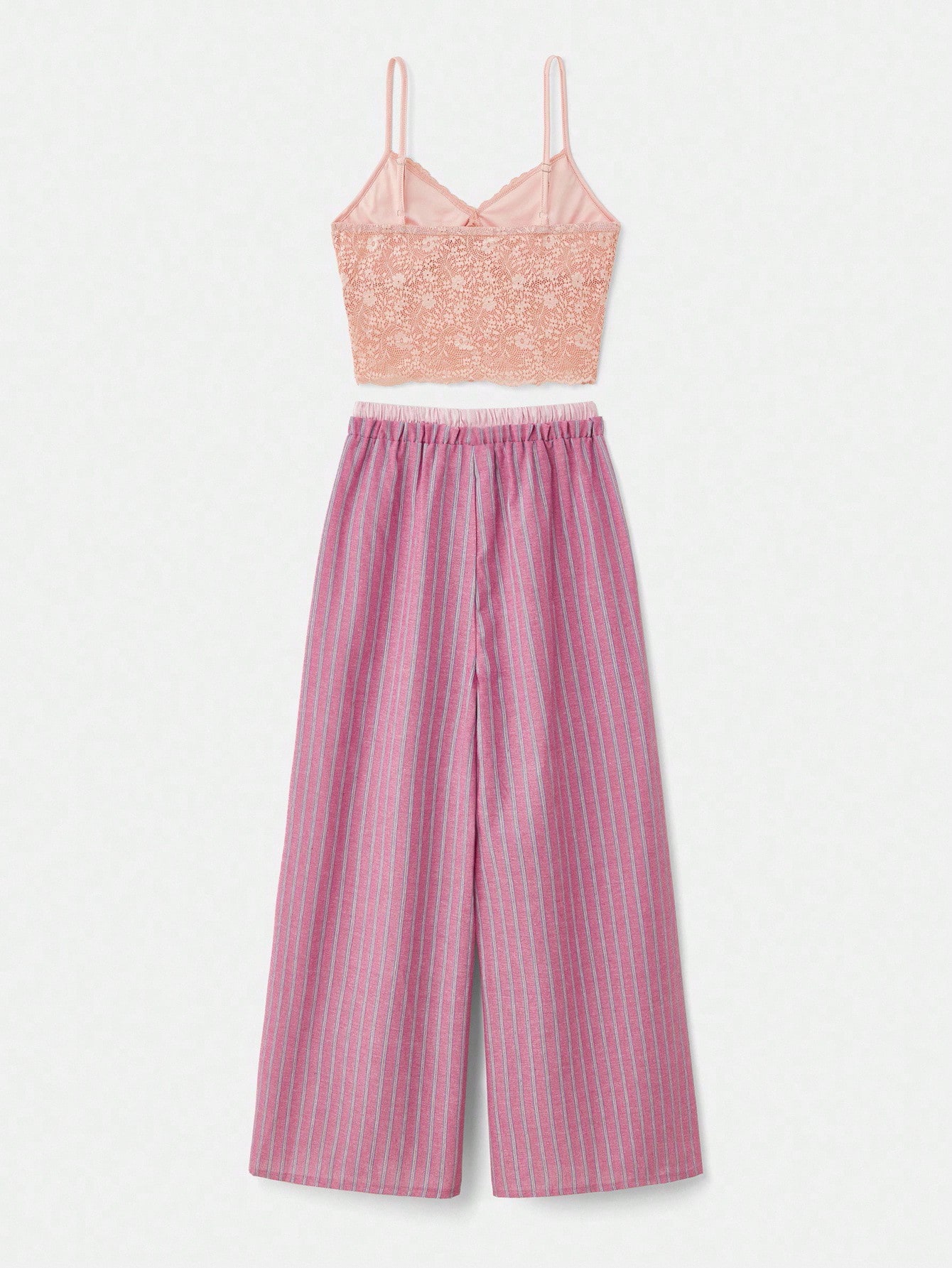 Beige Lace Crop Top And Pink Striped Wide-Leg Pyjama Set With Double Waistband Fall Women Clothes Spring Summer Cute Pyjama Set Pink Pyjama Set