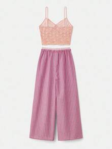 lacRébo 米色蕾丝短款上衣和粉色条纹阔腿睡衣套装，双腰带秋季女装秋冬 - 藕粉色 - 查看 2