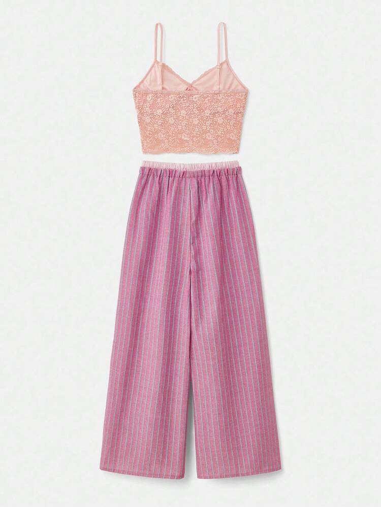 Beige Lace Crop Top And Pink Striped Wide-Leg Pyjama Set With Double Waistband Fall Women Clothes Spring Summer Cute Pyjama Set Pink Pyjama Set