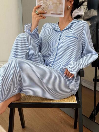Bubble Textured Gestreepte Top Pants Pajama Set Night Wing Two Pieces Sleepwear Sleep Wear Women Blauw Pyjama Woman Verlichting Pj Set, Fall Clothes view 3