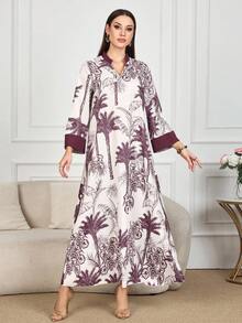 Al Najma 女士优雅印花长袖土耳其束腰外衣 - 紫色 - 查看 4