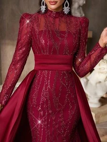 Aureia 优雅奢华酒红色亮片刺绣缎面立领长袖透明超长正式晚礼服 - 酒紅色 - 查看 8