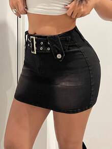 Jeanoix 女式孔眼腰带牛仔裙 - 黑色 - 查看 6