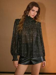 MOTF PREMIUM ALLOVER PATTERN SHIRRED FRILL HIGH NECK FLARE SLEEVE SEMI-SHEER TOP - Black - View 3