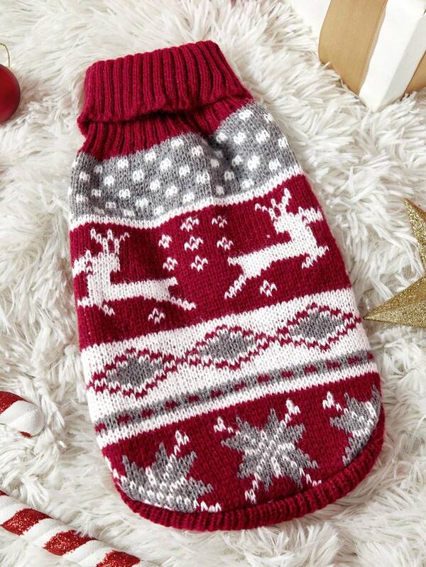 PETSIN 1 Pc Warm Christmas Pet Sweater: Reindeer Snowflake Color Blocking Design Animal Clothing