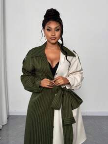 Maweii 大码女式拼布条纹侧结工装口袋休闲通勤连衣裙