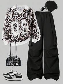Tween Girl Collared Pullover Printed Long Sleeve Sweatshirt And Cargo Pants Set - Multicolor - View 1