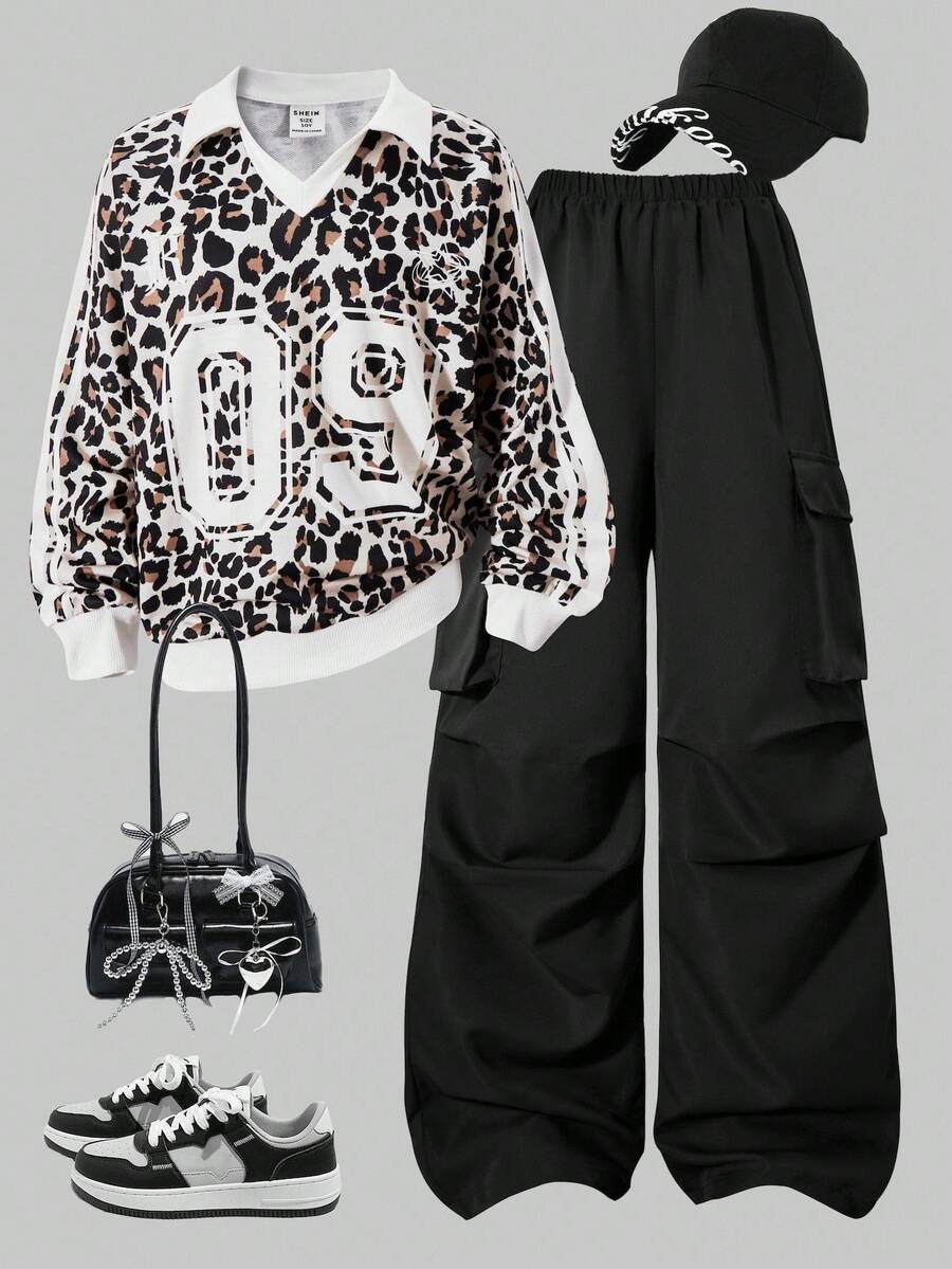 Tween Girl Collared Pullover Printed Long Sleeve Sweatshirt And Cargo Pants Set - Multicolor - View 1