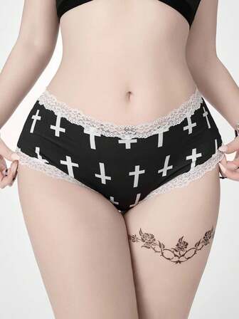 Culottes tanga gothiques punk avec croix en dentelle pour femmes
