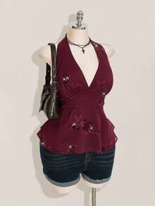 SHEIN ICON 大码女式性感V领串珠刺绣喇叭下摆吊带背心，酒红色 - 酒紅色 - 查看 6
