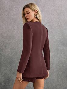 Poéselle 2件套女士鸡心领前扣长袖夹克和短裤套装 - 咖啡棕 - 查看 4