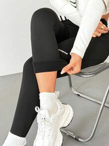 DAZY 字母印花高腰修身运动紧身裤 - 黑色 - 查看 5