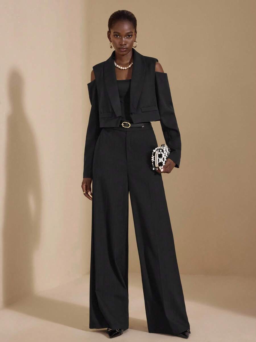 JIAN LASALA Cutout Shoulder Padded Shawl Lapel Cropped Black Blazer Women Autumn Casual Luxury Stylish Clothing Collection Elegant - Black - View 1