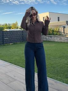Jeta Ari 1 件女式条纹长袖纽扣休闲工作衬衫秋季，长袖上衣 - 棕色 - 查看 6