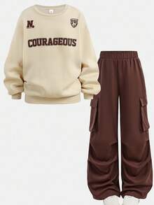 SHEIN Girlism 少女英文图案印花圆领运动衫和工装口袋裤休闲装 - 棕色 - 查看 9