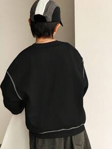 SHEIN Tween Boy Casual Korean Style Loose Fit Contrast Color Round Neck Sweatshirt, Suitable For Commuting, School, Daily Casual Wear, Sports, Autumn/Winter