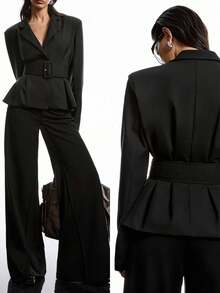 LYSMO 2025新款极简秋冬女式纯色腰带荷叶边下摆前扣长袖西装外套黑色女式西装套装女士职业装黑色套装女式裙装 - 黑色 - 查看 7