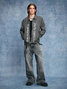 ROMWE MEN Men Floral Embroidered Zip-Up Casual Long Sleeve Collared Jacket, Fall - Black - View 3