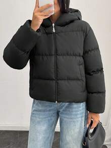 EURMUSE 小码女式纯色休闲连帽冬季大衣 - 黑色 - 查看 4