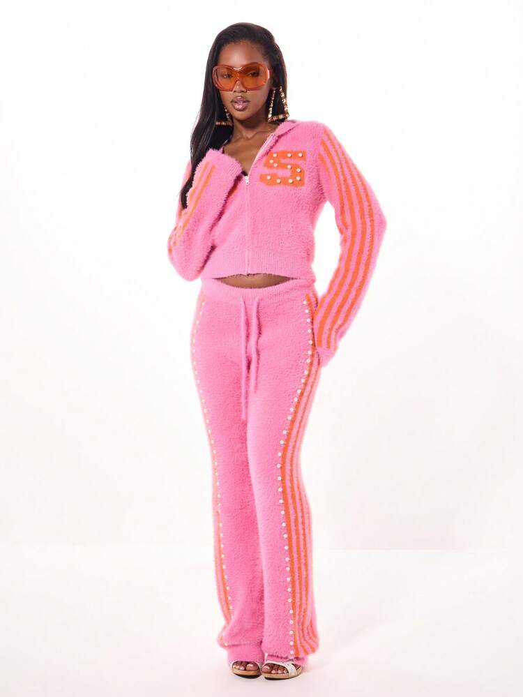 SUMWON WOMEN Pearl Embellished Knit Pants With Orange Stripes