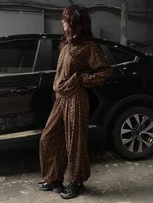 DAZY 2pcs Women's Leopard Ribbed Loose Jacket And Pants Set