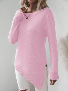 SHEIN Jersey asimétrico de unicolor con abertura lateral, otoño/invierno - Rosa - Ver 5