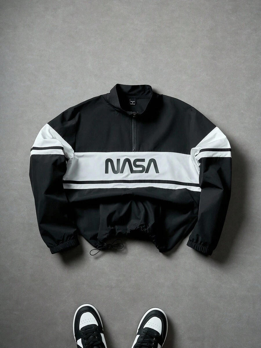 Manfinity EMRG Men's Casual Stand Collar Long Sleeve Jacket, Windbreaker/Outdoor Windbreaker,Winter Half Zip Stand Collar Jacket With Letter Graphic, Adjustable Drawstring Hem, Suitable For Daily Wear, Outdoor Activities, Sports, Casual, School, Party, Music Festival. Can Be Given As A Gift To Friends And Boyfriends